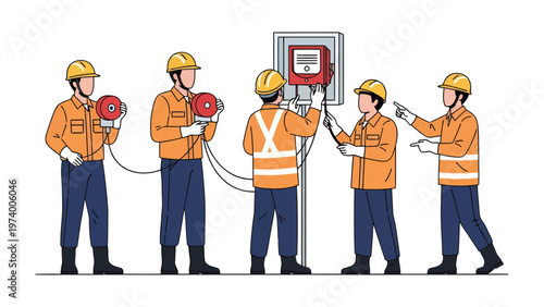 Team of Technicians at Work: A team of skilled technicians diligently works on electrical systems, their expertise evident as they connect wires and maintain equipment.
