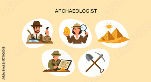 Archaeologist with various excavation tools.