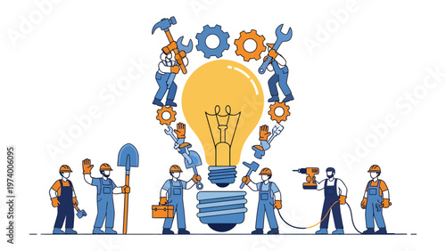 Teamwork Sparking Innovation: Illustrative representation of collaborative effort, engineers and technicians working together around a vibrant lightbulb, symbolizing ingenuity and progress. 