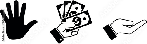 Hand Gesture and Money Exchange Icon Set with Open Palm Cash Payment Symbol for Business Finance Transaction and Service Illustration Collection