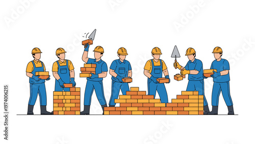 Construction Crew: Builders working together meticulously lay bricks to erect a sturdy wall, showcasing collaboration and dedication to the craft.