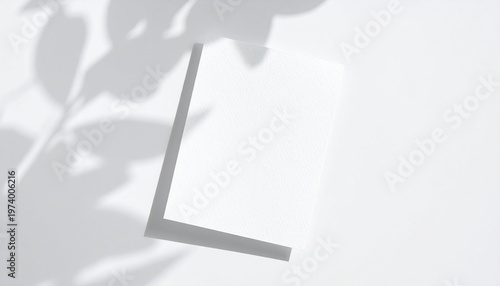 Minimalist flat lay of a blank white card casting a soft shadow on a clean white surface, perfect for design and branding mockups