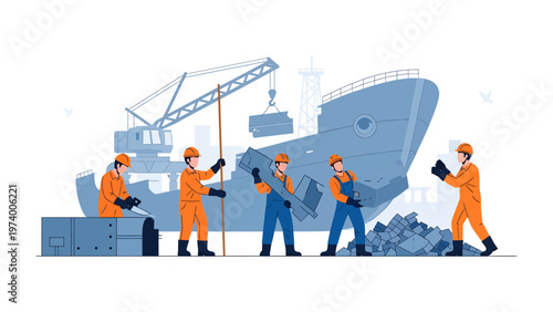 Maritime Workforce in Action: A dedicated team of maritime workers engaged in the intricate process of ship repair and reconstruction, showcasing the essence of human endeavor and engineering prowess.