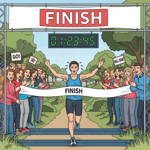 A determined marathon runner crosses the finish line in a competitive race.