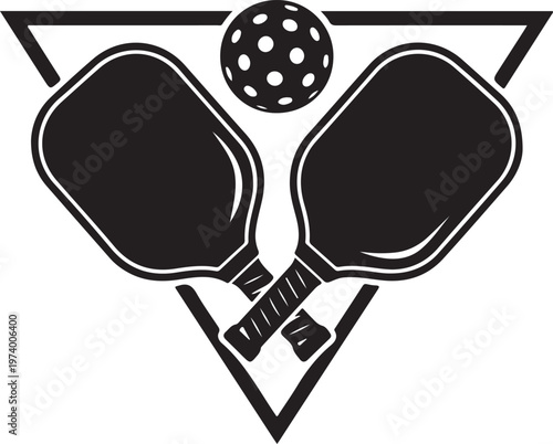 Pickleball sport paddles and ball emblem inside triangle frame for tournament competition athletic club leisure activity and racquet sports