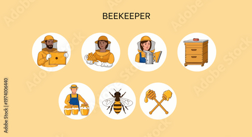 Modern Flat illustration of  Beekeeper in protective gear working