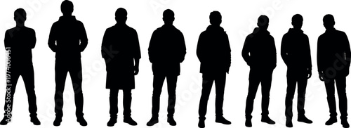 Male Silhouette Set with Different Standing Poses and Outfit Styles for People Collection, Social Characters, and Modern Lifestyle Vector Design