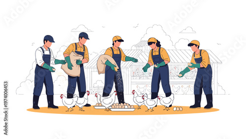 Farmers' Daily Chore: Farmers are working in a chicken coop, diligently tending to their flock, with focus on poultry farming.