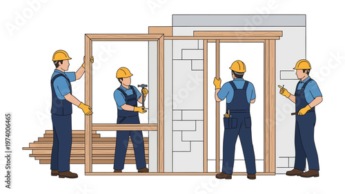 Construction Crew at Work: A team of skilled workers meticulously construct door frames, embodying precision, craftsmanship, and the art of building.