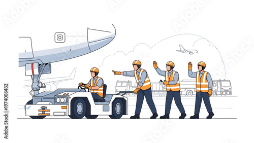 Airport Ground Crew: An illustration depicting the meticulous process of aircraft handling on an airport tarmac. Workers ensure the safety of an aircraft while it is guided.