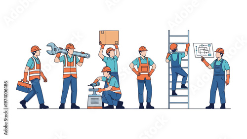 Construction Crew: Energetic construction workers are captured performing various tasks, showcasing a strong sense of teamwork and skilled craftsmanship.