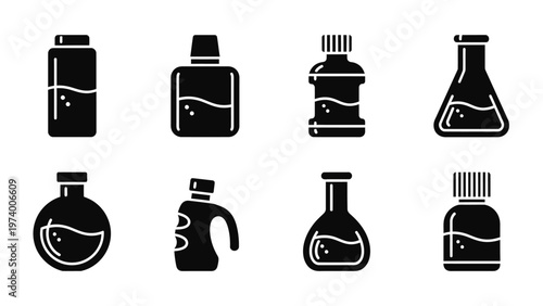 Set of Chemical Lab Bottles and Flasks Icons, Vector Illustration