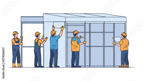 Building Construction: A group of construction workers in hard hats collaborate to assemble the framework of a new building, illustrating the process of construction, labor, and architectural design.