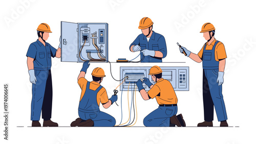 Technicians at Work: A team of skilled technicians meticulously working to install and maintain electrical panels, emphasizing precision and collaboration in their work.