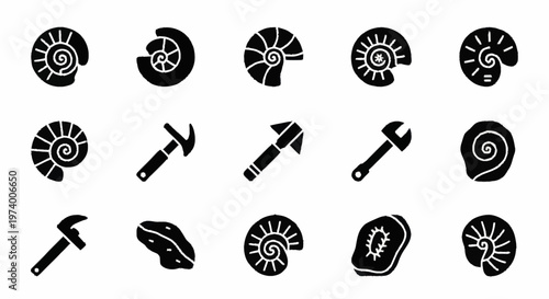 Fossil Ammonite Shells and Hammers Icons.