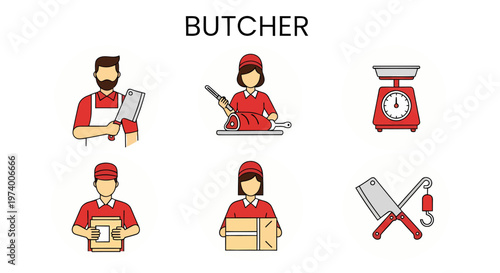 Cartoon Set of Butcher in red uniform working.