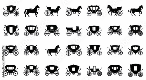 Horse Drawn Carriage Silhouette Icons Set.