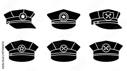Set of Six Black Silhouettes of Uniform Caps with Emblems