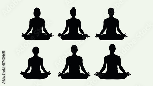 Six Silhouette Figures Meditating in Lotus Pose, Zen Mindfulness Concept