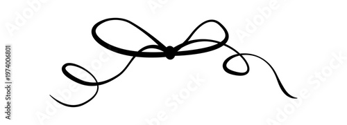 Whimsical black bow with wavy ribbon lines. Cute girly knot as romantic decorative element and simple coquette accent. Hand drawn doodle detail for wedding card or valentine invite, vintage frame