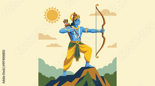 Hindu god Rama standing on mountain peak aiming bow and arrow at sunrise