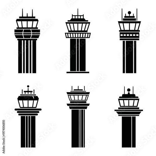 Wallpaper Mural Air Traffic Control Tower Icons - Set of 6 Black Silhouettes Torontodigital.ca
