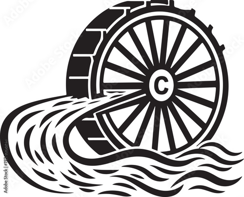 Water wheel line art illustration showing historic wooden mill structure rotating over river waves with classic mechanical engineering design