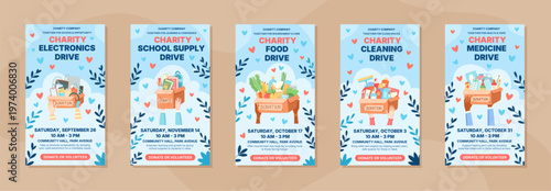 Charity donation box concept in flat style set. Gift aid box and support poster for social media background as light blue layout. People and community share donate goods with heart idea, needy help
