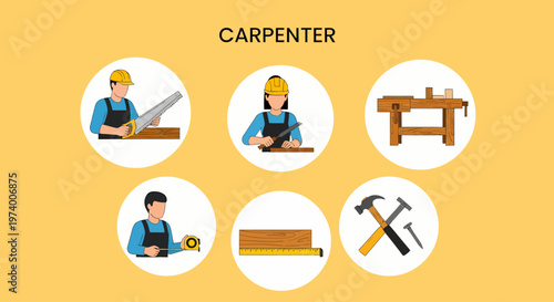 Modern Flat illustration of Carpenter working with wood tools.