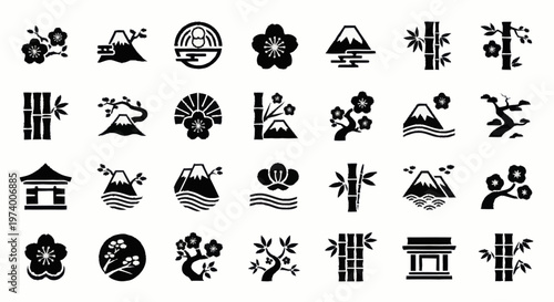 Black Japanese style icons on white.