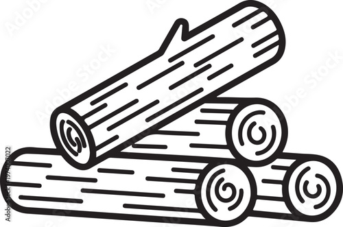 Wood logs stack illustration showing natural timber pile with bark texture and tree rings detail in rustic black line art style vector graphic