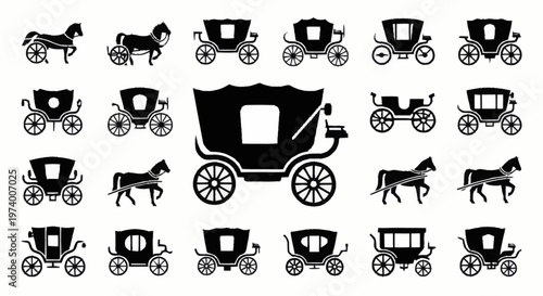 Black silhouettes of horse drawn carriages.