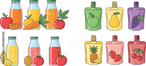 Fresh Fruit Juice Bottle Set with Glass and Pouch Packaging Featuring Apple, Orange, Pineapple, Berry, and Healthy Drink Illustrations for Nutrition Design