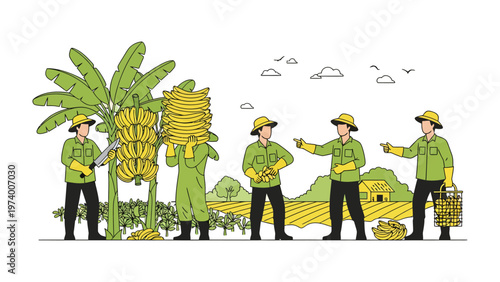 Banana Harvest Workers: Workers meticulously harvest bananas in a sun-kissed plantation, embodying the spirit of labor and the richness of the land.