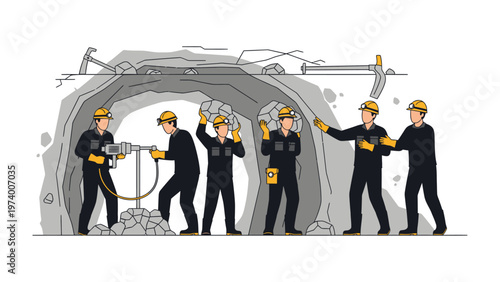 Mining Team at Work: A group of diligent miners meticulously excavates within a mine, their dedication and teamwork illuminate the darkness of the subterranean world.