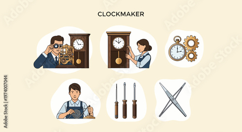 1 set icon of Clockmaker at work with tools