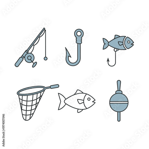 Wallpaper Mural Fishing Gear and Fish Icons Set: Rod, Hook, Net, Float, Fish Torontodigital.ca