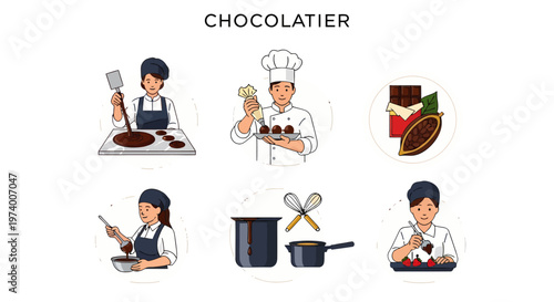 Modern Flat illustration of Chocolatiers preparing chocolate confections sweetly.