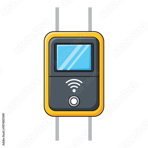 Cartoon illustration of a ticket machine with screen and button icon