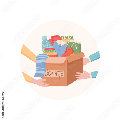 Flat circle sticker show clothes donation box. Cute community gift box as charity help symbol with cartoon character hand and warm goods. Simple cover for support, care and donate theme use