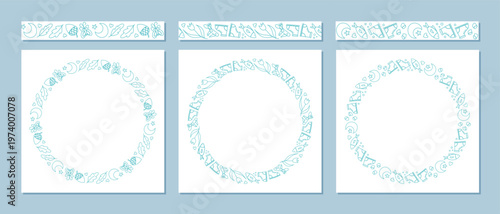 Outdoor adventure stripe circle set in line doodle style seamless pattern. Seamless frame with mountain and tent for nature hiking camp element. Blue contour design, modern collection for summer trip