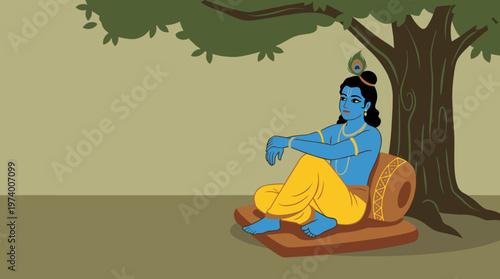 A serene man sits under a large tree on a mat with a cylindrical object.