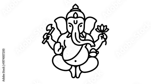 A serene illustration of Ganesha sitting cross-legged with flowers and sweets