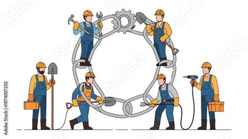 Chain Collaboration: A team of dedicated workers come together, united to build a strong structure. Showing the strength of collaborative work to bring a chain together.