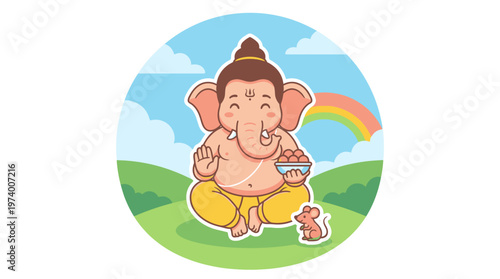 A serene illustration of Lord Ganesha meditating under a rainbow in a green landscape