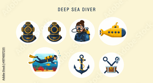 Modern Flat illustration of Deep sea diver equipment icons set.