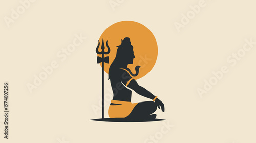 A meditative figure sits in front of a vibrant orange sun with a trident