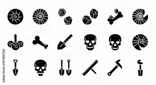Black icons of tools and skulls.