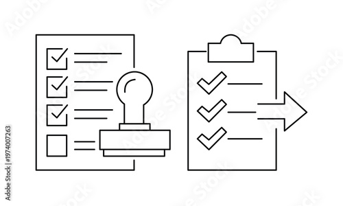 Document approval stamp and completed checklist with arrow progress icon.Editable stroke, Vector illustration, Line art Icon, Symbols.