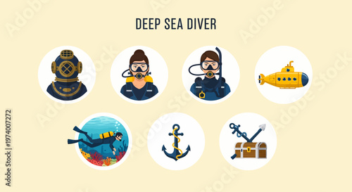 Modern Flat illustration of Deep sea diver in scuba gear.